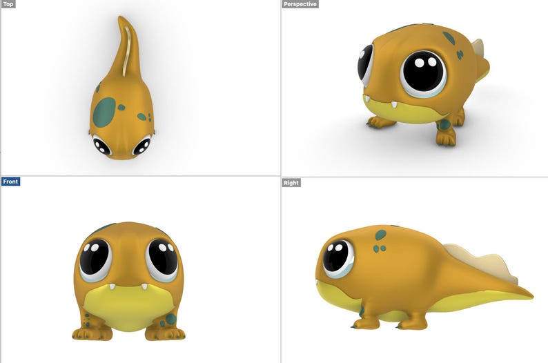 Pu&ograve; includere: Un modello 3D di un girino giallo con grandi occhi neri e macchie verdi. Il girino &egrave; mostrato da diverse angolazioni, tra cui viste dall'alto, frontale, destra e in prospettiva.