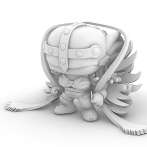 May include: White 3D printed figurine of a character wearing a helmet with a large, detailed wingspan.