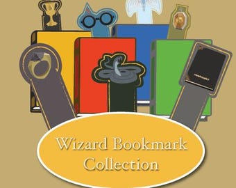 May include: A collection of colorful wizard-themed bookmarks. The bookmarks feature a variety of designs, including a golden cup, a pair of glasses, a snake, and a ring. The bookmarks are arranged on a yellow background with the text "Wizard Bookmark Collection".