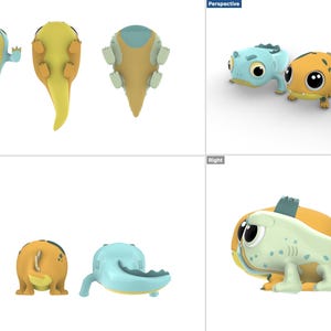 Pu&ograve; includere: Un set di creature di cartoni animati renderizzate in 3D in varie pose. Le creature sono blu, verdi e gialle con occhi grandi e una variet&agrave; di texture. Le creature sono mostrate da diverse angolazioni, tra cui il fondo, la parte posteriore, la destra e la prospettiva.
