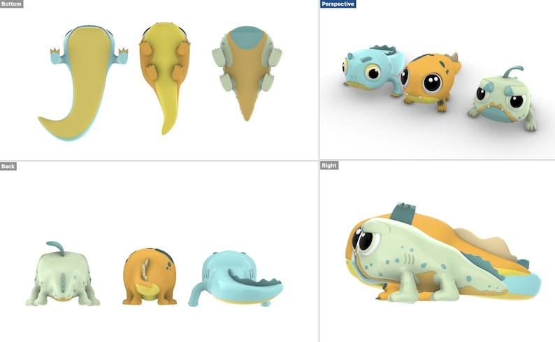 Pu&ograve; includere: Un set di creature di cartoni animati renderizzate in 3D in varie pose. Le creature sono blu, verdi e gialle con occhi grandi e una variet&agrave; di texture. Le creature sono mostrate da diverse angolazioni, tra cui il fondo, la parte posteriore, la destra e la prospettiva.