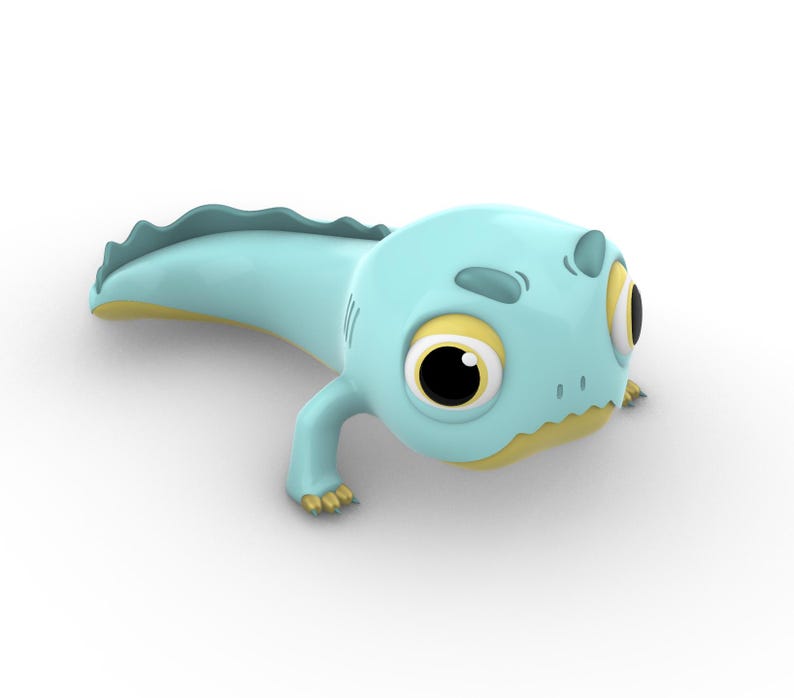 Pu&ograve; includere: Un girino di cartone animato blu chiaro con grandi occhi gialli e una bocca gialla. Il girino ha una lunga coda ed &egrave; in una posa giocosa.