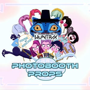 May include: A selection of cartoon photo booth props, including masks and speech bubbles. The props feature a blue cat wearing a hat, and the text "PHOTBOOTH PROPS" is displayed at the bottom. The image has a light pink and blue background.