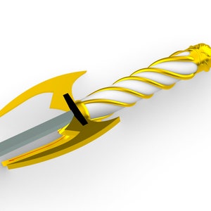 May include: A gold and white sword with a twisted handle and a curved blade. The blade is silver and the handle is white with gold accents.