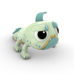 Puede incluir: Una criatura de dibujos animados verde y azul con ojos grandes y una expresión de enfado. La criatura tiene una aleta en la cabeza y un cuerpo texturizado.
