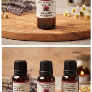May include: Three amber glass bottles with black caps containing 15ml of 100% pure Bee Balm essential oil. The labels feature the text Uncanoonuc Pure, Bee Balm, Monarda Fistulosa, Non GMO, Therapeutic grade, and Hexane Free, with safety instructions.