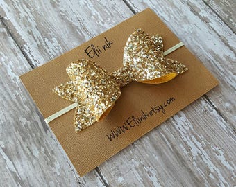 Gold bow headband, gold glitter bow headband, lurge bow headband or clip, girl bow headband, hair bow clip, 4" bow headband, hair clip