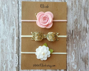 Baby Headband, Baby Girl Headband, Baby Headband Set, Baby Felt Headband Set, Gold Glitter Bow Headband, Flower Headband, Newborn headband