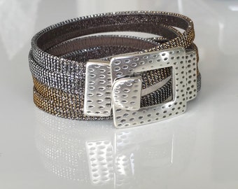 Irridescent leather double wrap buckle bracelet
