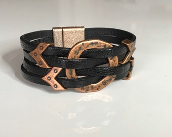 Woven Black Camel Leather and Copper magnetic Bracelet