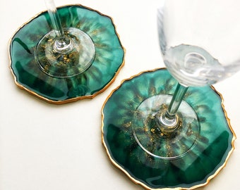 Set of 2 coasters, green & gold coasters, home decor, Unique Geode Shape Resin Coasters, Teal and Gold Geode Coaster, Drinkware