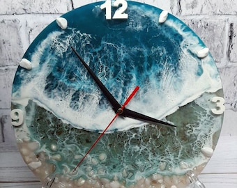 Clock for wall,epoxy resin beach clock,Epoxy Wall Clock, Wooden Wall Clock, Epoxy original painting,Ocean resin art,Natural wood epoxy clock
