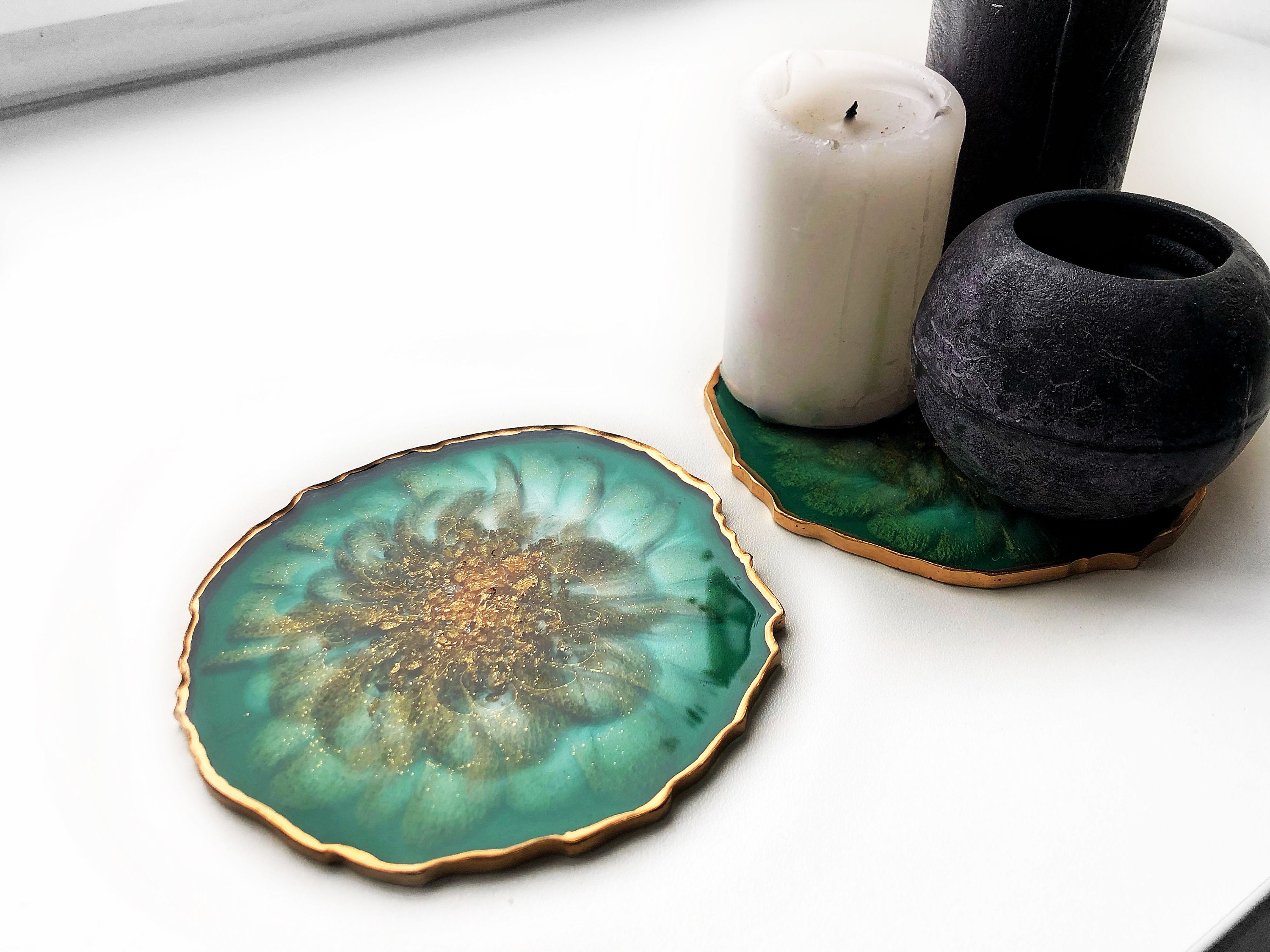 Set of 2 Coasters Green & Gold Coasters Home Decor Unique Etsy
