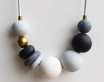 Gray Statement necklace, Black and White necklace, Handmade beaded necklace, Modern Chunky necklace, Polymer Clay necklace, Fashion jewelry