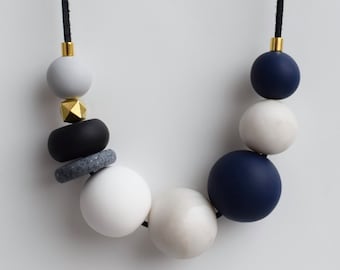 White Bead necklace, Modern Statement necklace, Geometric Polymer clay jewelry, Minimalist Navy chunky necklace, Handmade bead necklace