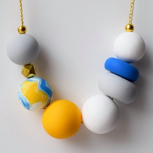 Ball Statement necklace, Blue Modern Chunky necklace, Polymer Clay necklace, Yellow Bead necklace, Handmade Clay jewelry Bead Round necklace
