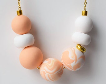 Peach Statement necklace, Pastel Bead necklace, Handmade Minimalist necklace, Polymer clay necklace, Pastel jewelry, Geometric Modern gift
