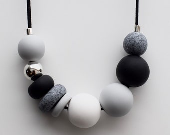 Gray Statement necklace, Black and White necklace,  Statement bead necklace, Modern Chunky necklace, Polymer Clay necklace, Gift for her mum