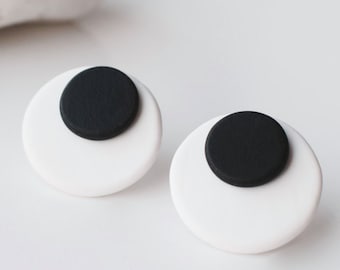 White Stud earrings, Black and White earrings, Polymer clay post earrings, Geometric White studs, Matte Disk earrings White studs by Dabita