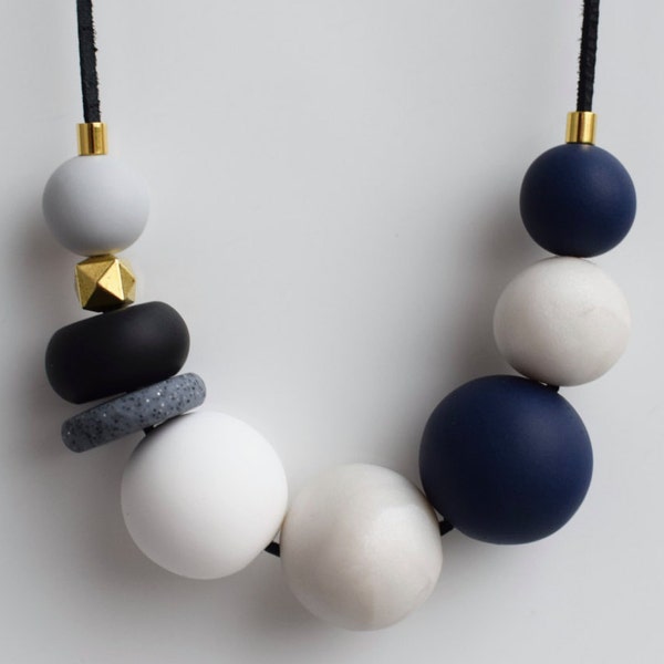 White Bead necklace, Modern Statement necklace, Geometric Polymer clay jewelry, Minimalist Navy chunky necklace, Handmade bead necklace