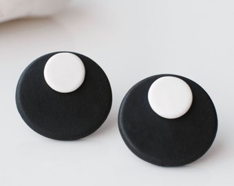 Black Stud earrings, Black and White earrings, Round Post earrings, Geometric Black studs, Disk earrings, Black studs, Polymer clay studs