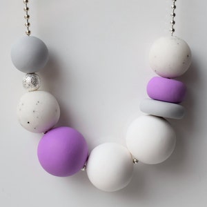 White beaded necklace, Purple bead necklace, Purple jewelry, Geometric jewelry, Handmade jewelry, Polymer clay jewelry, Long bead necklace