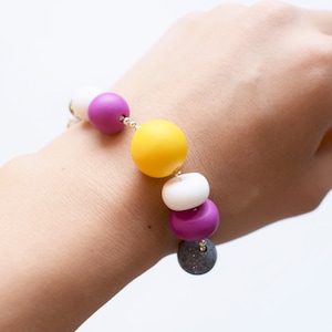 Modern Beaded bracelet, Geometric Charming jewelry, Purple bead bracelet, Yellow Colorful bracelet, Fashion Jewelry, Polymer Clay jewelry
