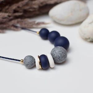 Navy Statement necklace, Blue Chunky necklace, Modern Beaded necklace, Blue Ball necklace, Polymer clay jewelry, Geomteric Handmade necklace image 2