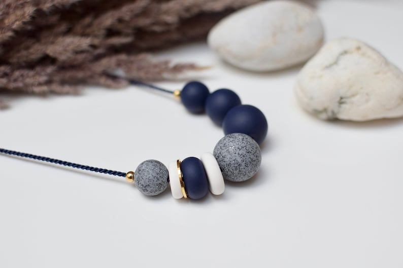 Navy Statement necklace, Blue Chunky necklace, Modern Beaded necklace, Blue Ball necklace, Polymer clay jewelry, Geomteric Handmade necklace image 2