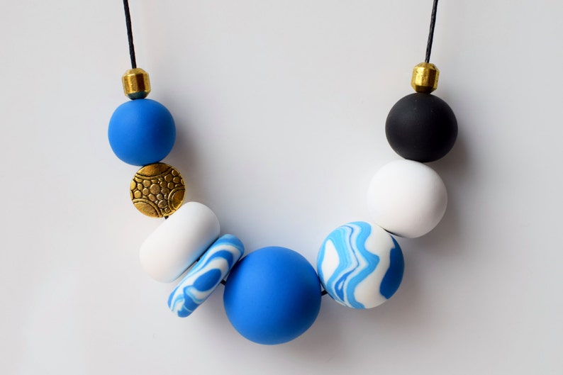 Colorful bead necklace Geometric necklace Bead jewelry Deep blue beaded necklace Fashion statement necklace Modern chunky necklace