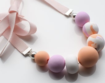 Pink Chunky necklace, Modern Statement necklace, Pastel jewelry, Peach Beaded necklace, Polymer Clay jewelry, Ribbon necklace, Urban jewelry