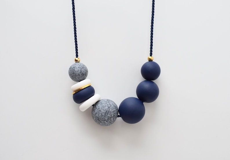 Navy Statement necklace, Blue Chunky necklace, Modern Beaded necklace, Blue Ball necklace, Polymer clay jewelry, Geomteric Handmade necklace image 1