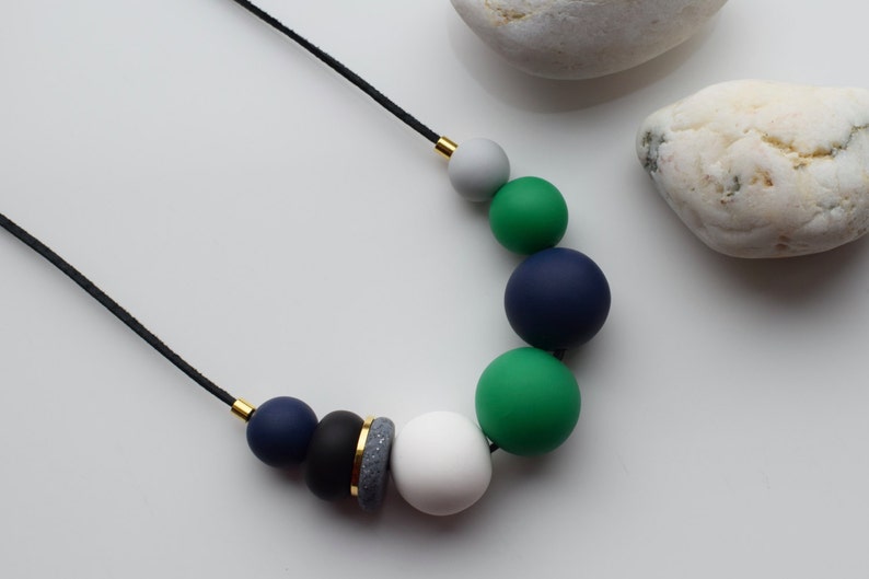 Green Chunky necklace, Navy Statement necklace, Modern necklace, Beaded jewelry, Geometric necklace, Polymer Clay necklace, Modern jewelry image 3