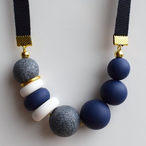 Navy Chunky necklace, Modern Statement necklace, Polymer Clay jewelry, Urban Ribbon necklace, Blue Bead necklace, Matte Ball necklace, Gift