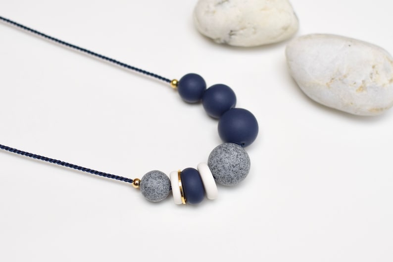 Navy Statement necklace, Blue Chunky necklace, Modern Beaded necklace, Blue Ball necklace, Polymer clay jewelry, Geomteric Handmade necklace image 4