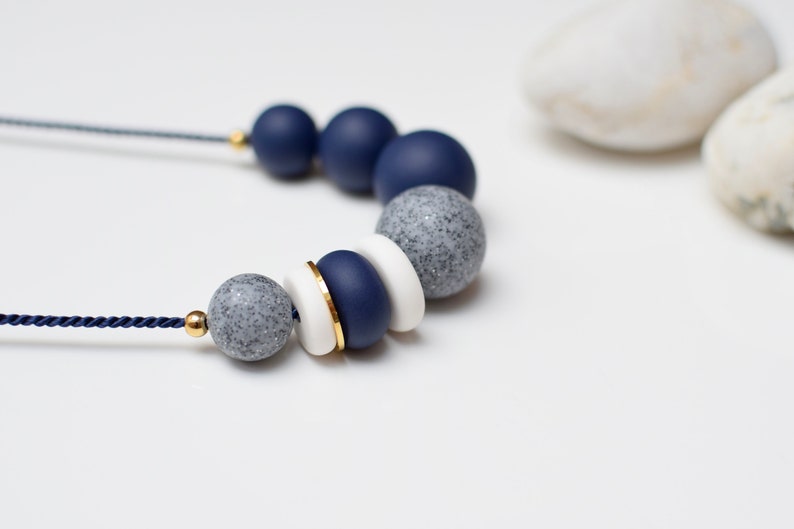 Navy Statement necklace, Blue Chunky necklace, Modern Beaded necklace, Blue Ball necklace, Polymer clay jewelry, Geomteric Handmade necklace image 3