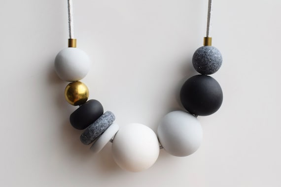 Gray Statement Necklace Black and White Necklace Handmade Beaded