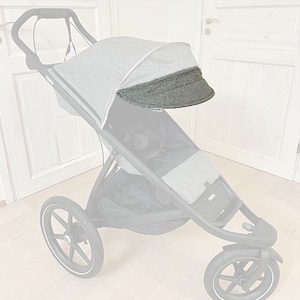 May include: A gray and black stroller with a sunshade. The stroller has three wheels and a handle. The sunshade is gray with a darker gray brim. The stroller is designed for outdoor use.
