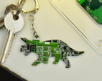 Circuit Board Triceratops Keychain - Computer Geek Gift - Dinosaur Gift - Dino Keychain - Fathers Day Gift - Gifts For Dad - Tech Accessory