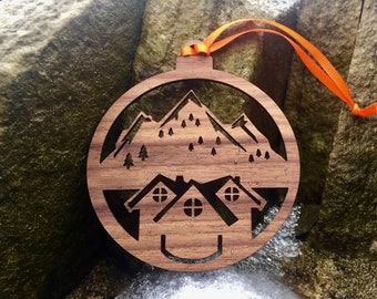 Mountain Scene Christmas Tree Decoration -  Secret Santa Gift - Ski Chalet Lodge - Tree Ornament - Handmade Decoration