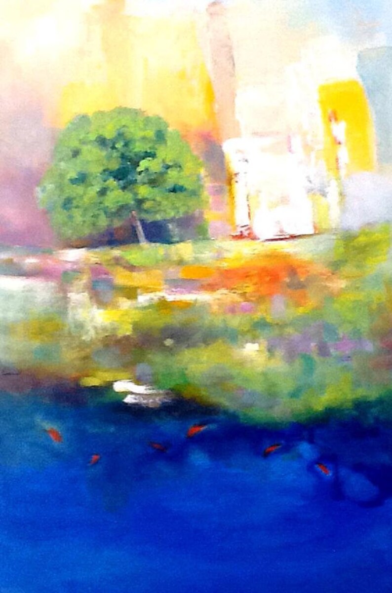 May include: Abstract painting with a green tree in the foreground, a white building in the background, and a blue body of water with red fish swimming in it.