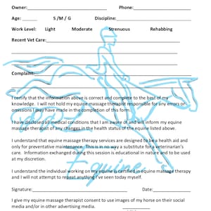 Puede incluir: Un formulario de consentimiento para la terapia de masaje equino. El formulario incluye secciones para la información del caballo, el nivel de trabajo, la atención veterinaria reciente, la queja y una línea de firma. El formulario también incluye una declaración de que la información proporcionada es correcta y completa al mejor conocimiento del cliente.