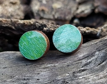 Green painted minimalist laser cut button wood stud earrings, Homemade  aesthetic cool resin wooden jewelry gift for her.