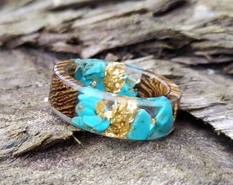 Wood resin turquoise ring, Gold flakes epoxy cool chunky promise rings, Nature resin band ring with box, Real turquoise statement mens ring