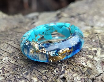 Turquoise Ring Resin Blue Chunky Ring Gold Flakes Epoxy Resin Cool Promise Rings December Birthstone Mens Turquoise Ring