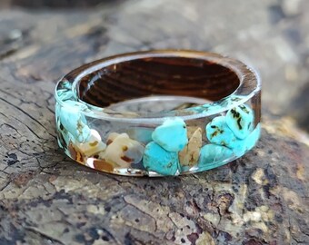 Wooden turquoise epoxy resin ring, Cool chunky promise rings, Wood resin simple wedding band, unique best friend gift