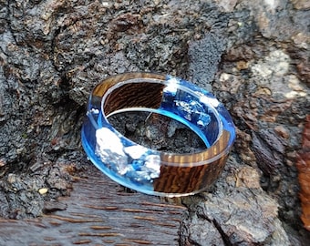 Blue statement wood resin ring, Chunky epoxy mens wooden ring with box, Resin band rings with silver flakes, Lesbian jewelry