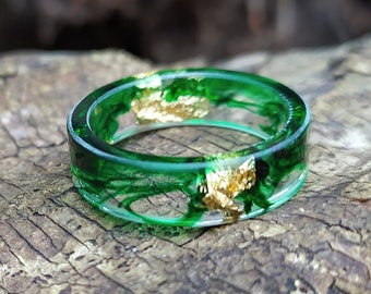 Green Frog epoxy resin promise engagement ring with gold flakes, Women Men minimalist and best friend birthday gift.