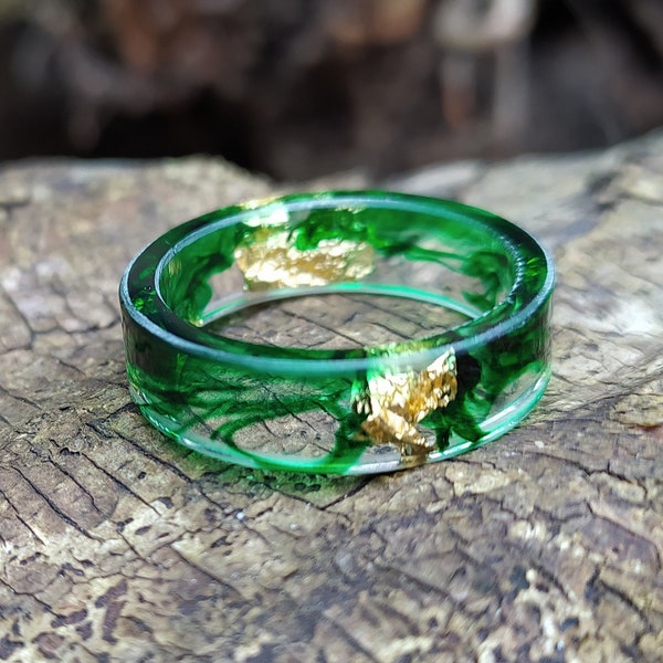 Green Frog epoxy resin promise engagement ring with gold flakes, Women Men minimalist and best friend birthday gift.