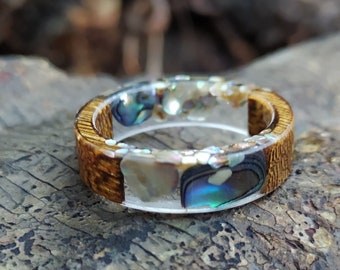 Wooden sea shell resin ring, Cool chunky epoxy promise rings, Wood resin simple wedding band, unique seashell best friend gift with box